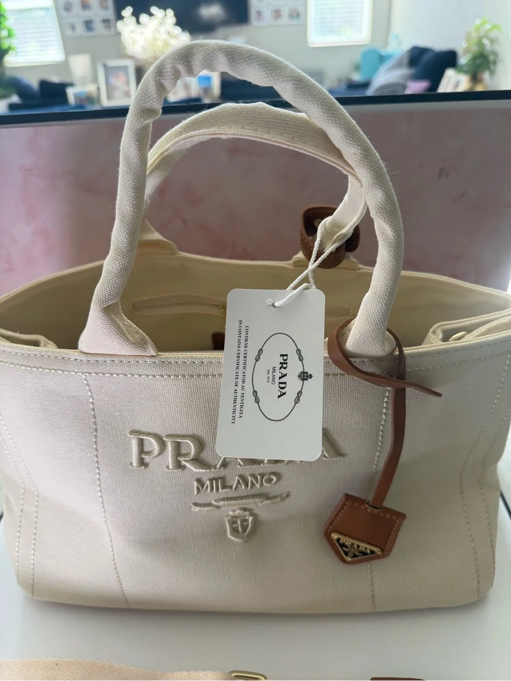 Designer Inspired Cream Canvas Tote with Tan Leather Trim